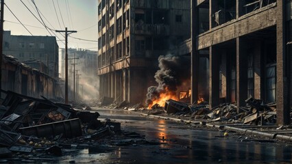 A city street is overrun with piles of rubble, debris, and broken pavement, creating a chaotic and hazardous environment
