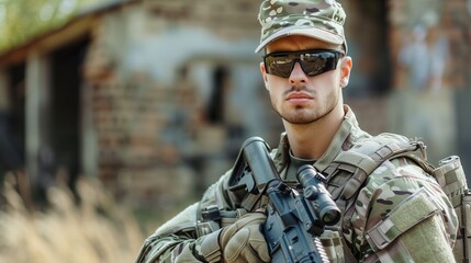 Fototapeta premium adult man in military gear outdoors with a serious expression