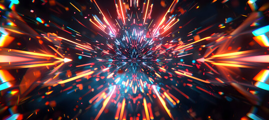 An image featuring an intricate geometric design with sharp, intersecting lines and a vibrant splash of neon colors against a dark background