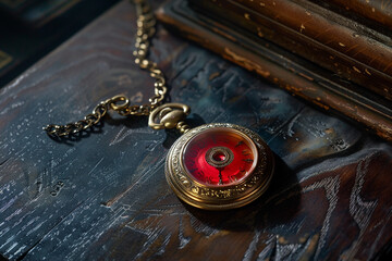 A pocket watch with a ruby-red face lying on an antique table.