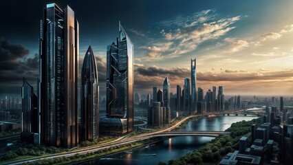 A futuristic city is depicted with skyscrapers and bridges spanning over a river that runs through the urban landscape