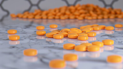pills on a marble slab symbolizing the consumption of medication, created with generative AI technology