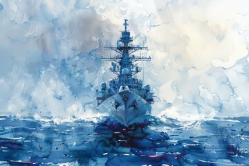 Military naval ship. NATO warships. North Atlantic Alliance air destroyer warship watercolor paint Illustration.