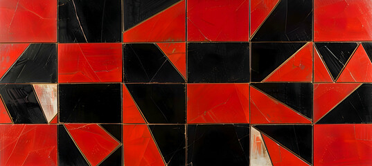 An image of a bold geometric pattern featuring large triangles and rectangles in a striking red and black color scheme