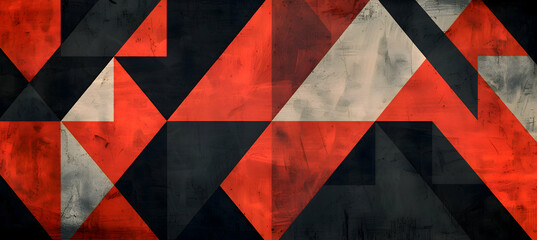 An image of a bold geometric pattern featuring large triangles and rectangles in a striking red and black color scheme
