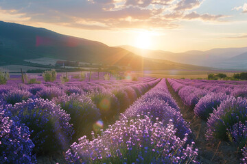 A sunlit field of lavender stretching towards the horizon