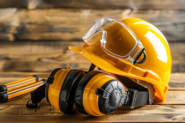 Yellow Safety Helmet and Ear Muffs on Wooden Surface