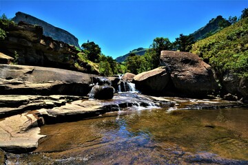 The cascades on Mahai River as seen while hiking to the Tiger Falls in Drakensberg (Royal Natal...