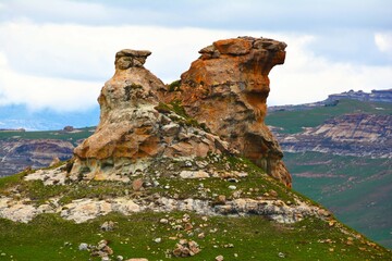 Deeply eroded sandstone rock formation as a distinctive feature of the Golden Gate Highlands National Park (Free State, South Africa, near the Lesotho border)