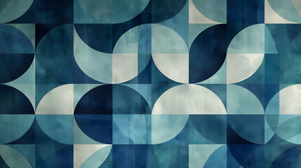 An image of a geometric design featuring broad, sweeping arcs and circles in shades of teal and navy, suggesting movement and fluidity