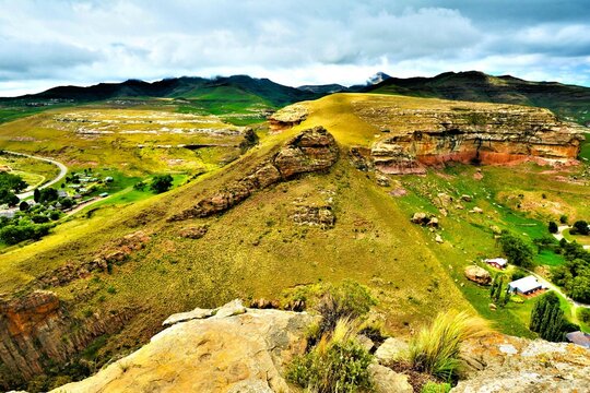 Impressive landscape with eroded sandstone cliffs as seen from the top of Brandwag Buttress in the Golden Gate Highlands National Park (Free State, South Africa, near the Lesotho border)