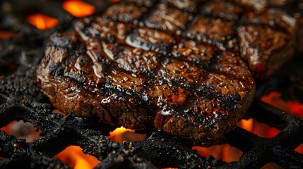 Thick, juicy steaks sizzling over an open flame on a grill