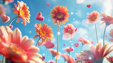 Magical gerbera daisies floating amongst hearts in dreamy sky