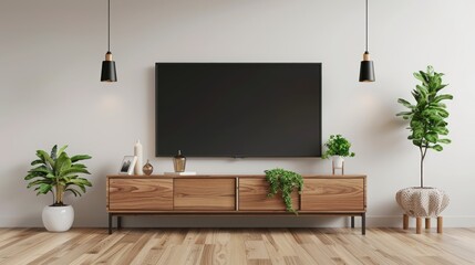 3D Mockup a TV wall mounted with decoration in living room and white wall.