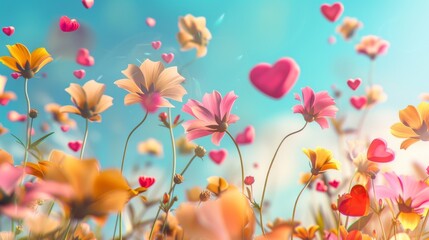Colorful flowers and heart-shaped balloons floating in dreamy sky