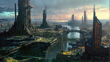 A painting depicting a modern cityscape with futuristic architecture situated by the water, showcasing a blend of advanced technology and urban development