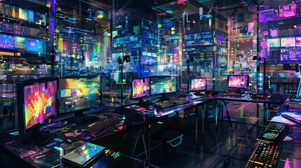 The Digital Canvas: An abstract representation of a workspace filled with laptops, keyboards, and...