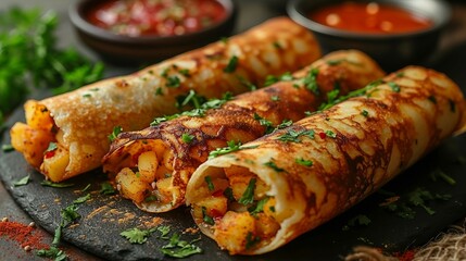 Masala dosa with crispy rice crepe filled with spiced potatoes. AI generate illustration