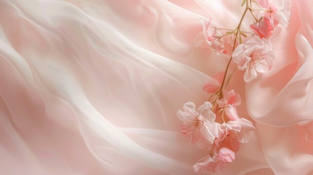 Elegant soft pink fabric and delicate cherry blossoms background