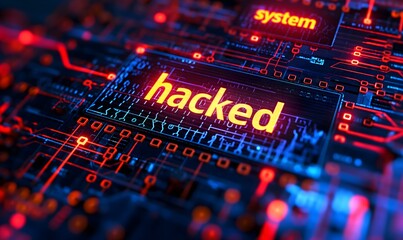 System hacking with info message "system hacked". Background with a code on a blue background and a virus warning. Cyber security and cybercrime