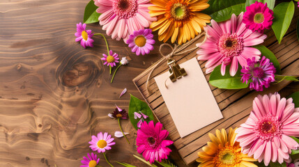 Vibrant gerbera daisies and empty card on wooden background