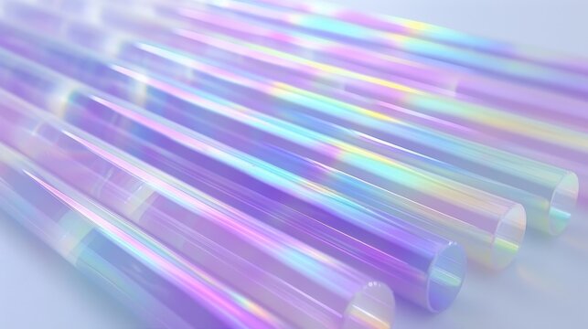 Vibrant iridescent acrylic rods arranged on a glossy reflective surface