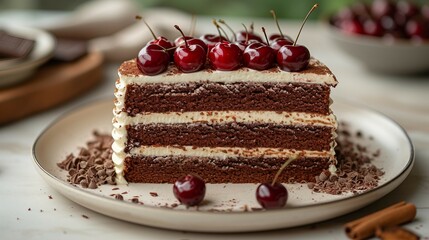 Black forest cake with layers of chocolate, cream and cherries. AI generate illustration