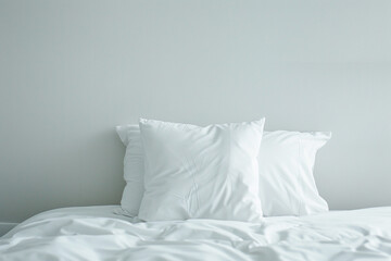 A plain white pillow on a plain white bed.