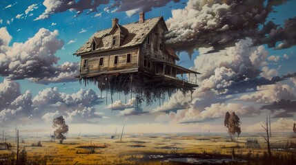 painting of floating rustic farmhouse over a dystopian country landscape