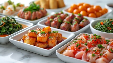 Assorted tapas dishes with variety of flavors in each small plate. AI generate illustration