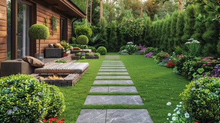 A lush green lawn with a rock border and a path