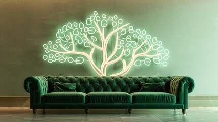In a display of modern elegance, a luxurious living room features a green velvet sofa against a backdrop of a solid-colored wall, illuminated by an intricate neon tree pattern. This blend of 