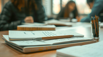 A table with open textbooks and notebooks, on which the wishes and signatures of classmates are visible. Blurred background with space for text - Powered by Adobe