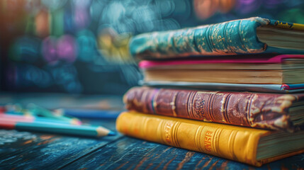 Colorful stack of books with pencils and glasses on a bright table. Blurred background with space for text - Powered by Adobe