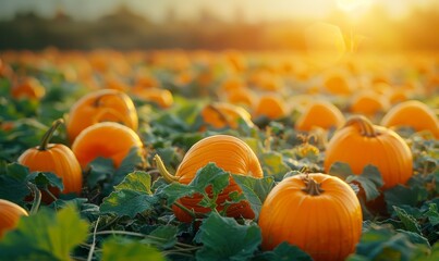 A field of organic pumpkins, the orange globes nestled among green leaves, captured in the golden light of autumn, perfect for seasonal themes with space for text