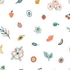 Tropical Floral Fruit Seamless Pattern. Summer Background with Fruits, Berries, Flowers and Leaves. Hand drawn doodle Vector illustration.