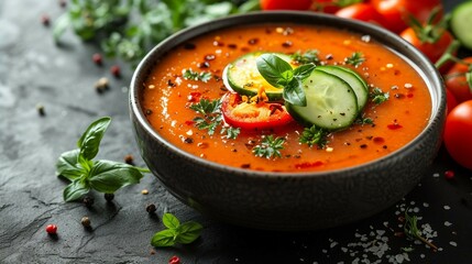 Gazpacho soup with tomatoes, peppers and cucumbers. AI generate illustration