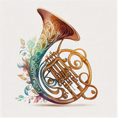 Floral Ornamental Watercolor Illustration of French Horn