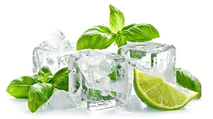 Ice cubes, lime wedge and basil leaves isolated on white background. Generative AI 