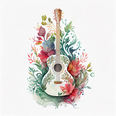Floral Ornamental Watercolor Illustration of Acoustic Guitar
