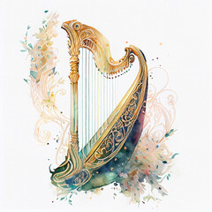 Floral Ornamental Watercolor Illustration of Harp