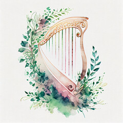 Floral Ornamental Watercolor Illustration of Harp