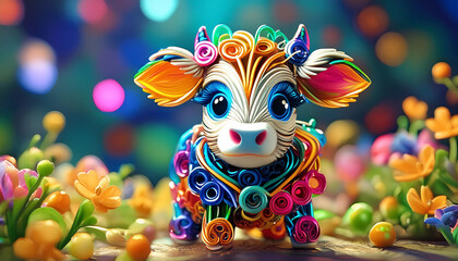 Fototapeta premium Cute colorful baby cow made of paperclips. Generative AI.