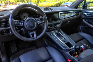 Car interior from driver seat view.