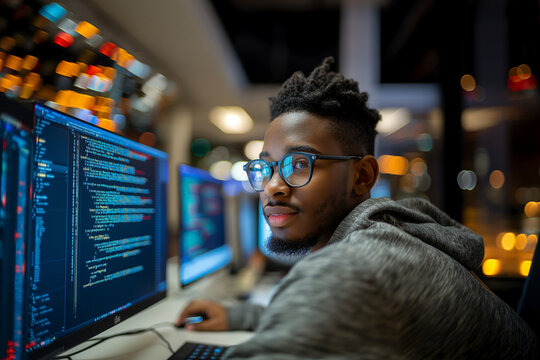 Young black male computer programmer working in technology in an office writing code