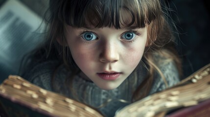 Close up of attractive child reading a book while looking at camera. Elementary student holding fairy tale novel book or bedtime stories with blurring background. Creative activity concept. AIG42. © InfiniteFlow