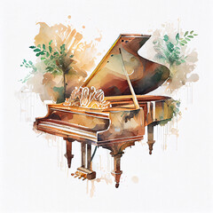 Floral Ornamental Watercolor Illustration of Grand Piano