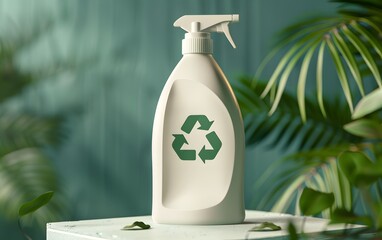 A white, eco-friendly soap bottle featuring a prominent recycling symbol, indicating sustainable packaging designed for environmentally conscious household cleaning.