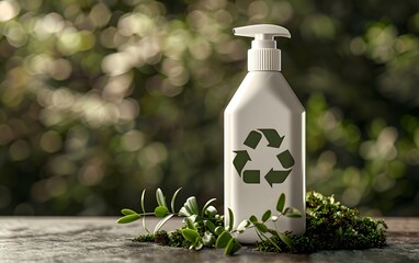 A white, eco-friendly soap bottle featuring a prominent recycling symbol, indicating sustainable packaging designed for environmentally conscious household cleaning.