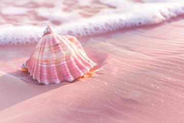 A pink seashell nestled in the sand on a serene pink beach.